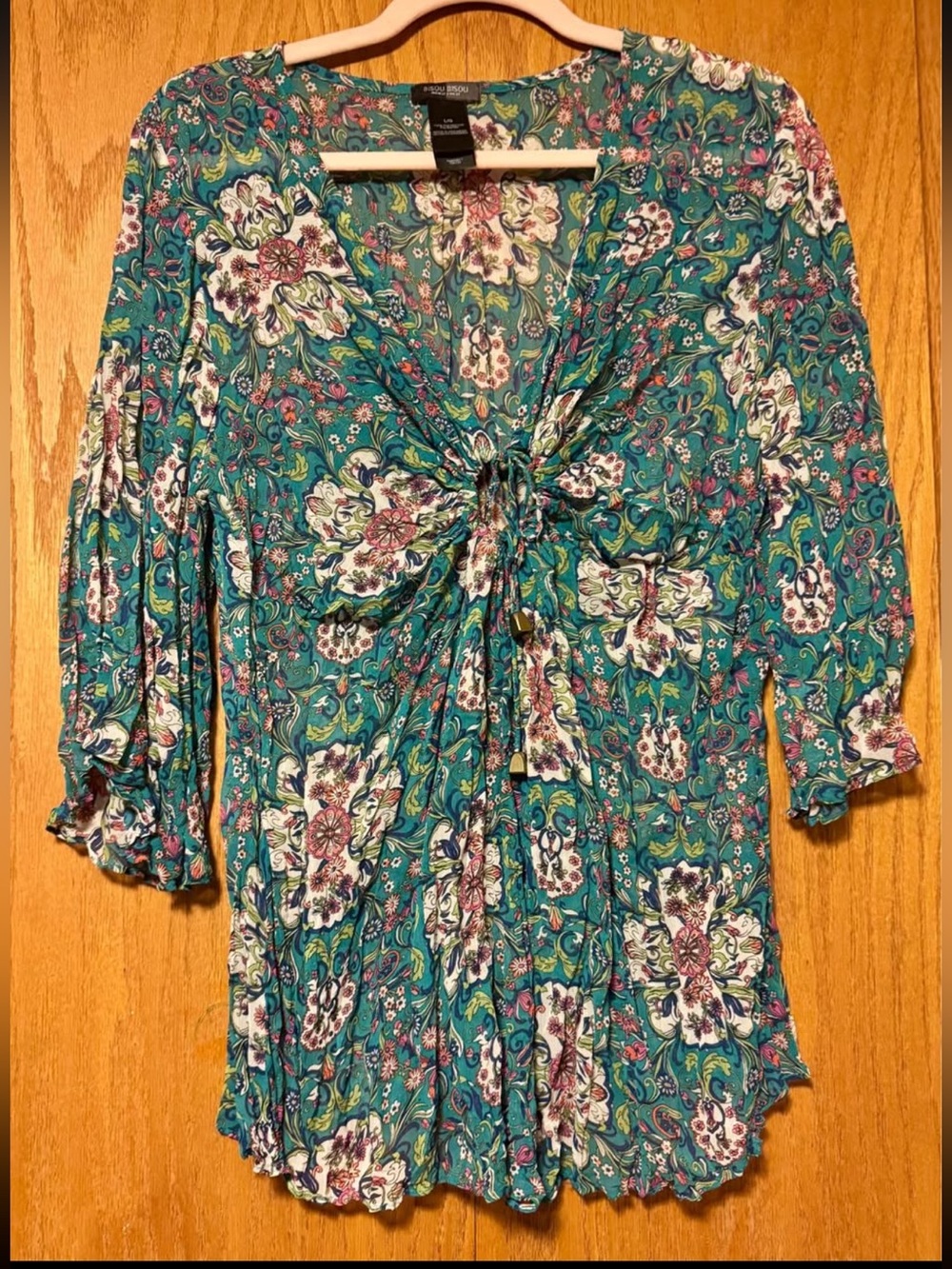 Bisou Bisou Vintage Beautiful Women’s Teal Floral Tie-Front Blouse